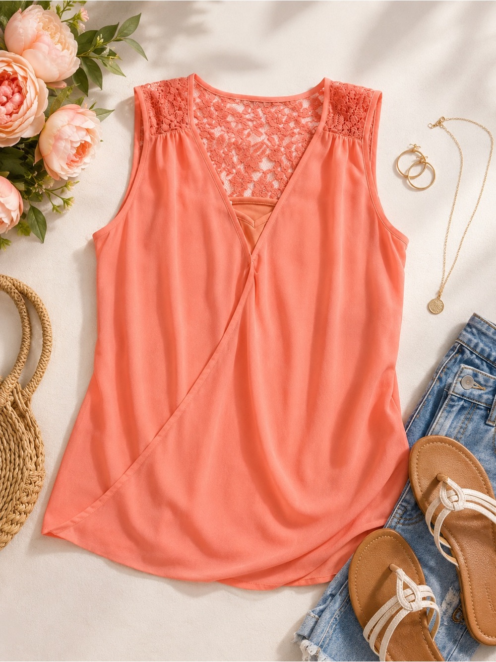 Halo Coral Lace-Back Sleeveless Top with Cami. S